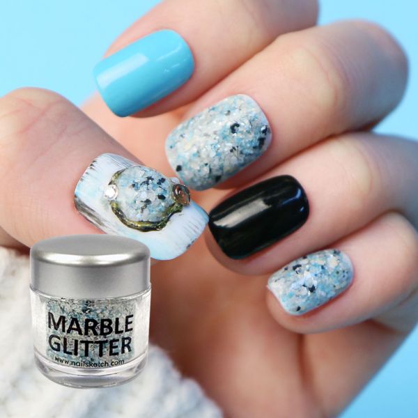 Nail Sketch Marble Glitter Blue