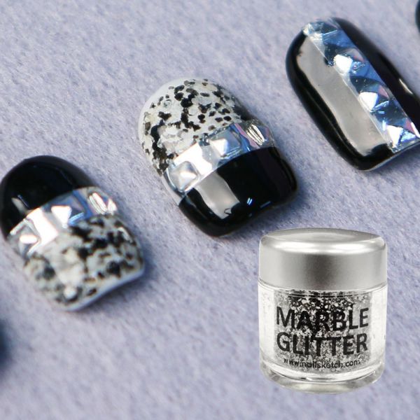 Nail Sketch Marble Glitter Black